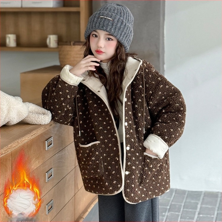 Κοριτσίστικο χειμερινό παλτό από αρνίσιο μαλλί, κορεατικό στυλ, με κουκούλα, φλοράλ σχέδιο, φερμουάρ