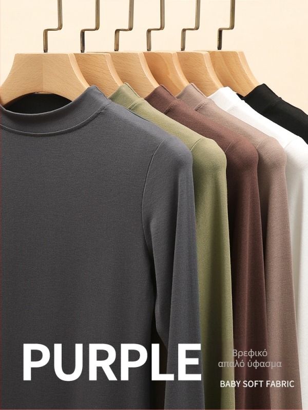 Γυναικεία μακρυμάνικη μπλούζα T‑shirt από μείγμα modal-βισκόζης με στάντ κολάρο, στενή γραμμή, μονόχρωμη