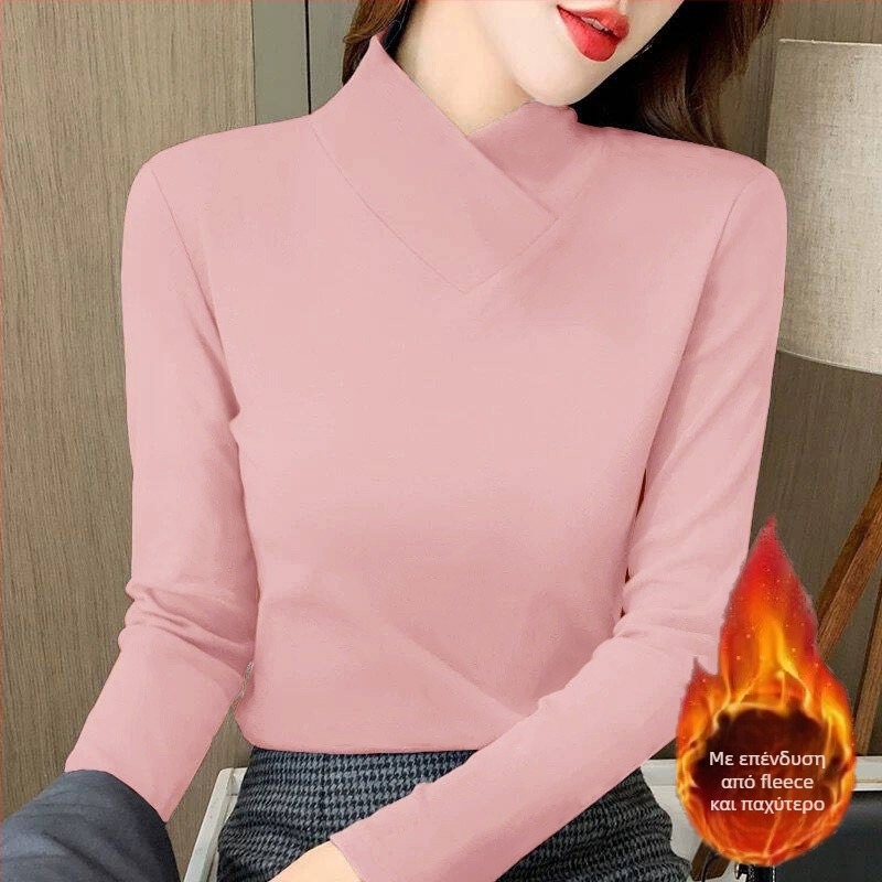 Γυναικείο T-shirt με V-λαιμό, φλις επένδυση, στενή γραμμή, μακριά μανίκια, μίγμα σπάντεξ