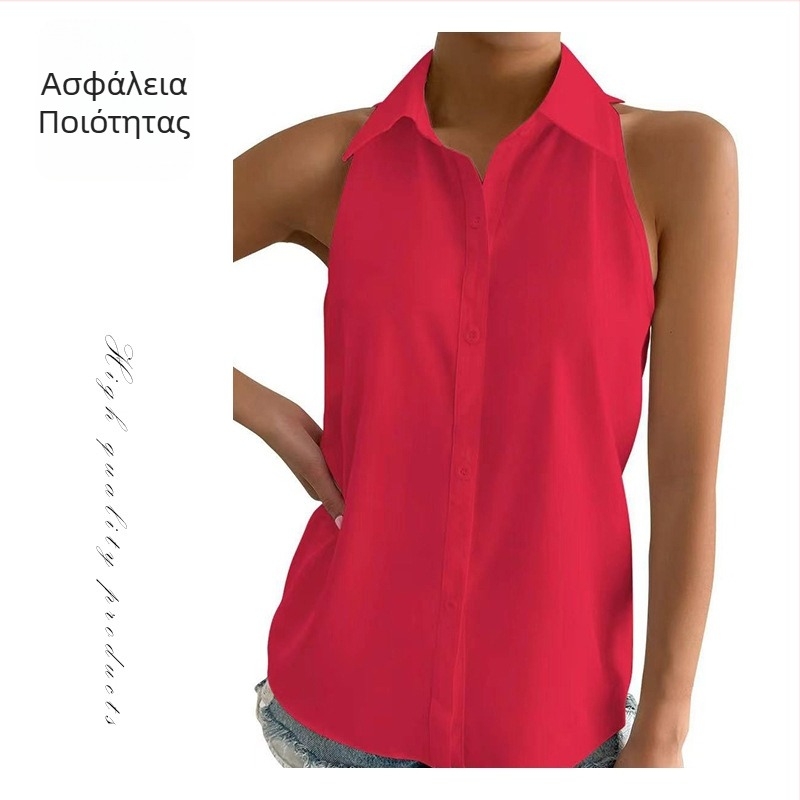 Γυναικείο σατινέ πουκάμισο χωρίς μανίκια – Κανονικό μήκος, Γιακάς πουκάμισου, Μονόχρωμο, 95%+ σατινε πολυεστέρας, Καλοκαίρι 2025