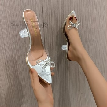 Γυναικείες παντόφλες με ψηλό τακούνι, φιόγκος και κρύσταλλα, PVC άνω μέρος, μυτερή μύτη, καουτσούκ σόλα, χωρίς επένδυση, μάρκα Brother Xiaoyu