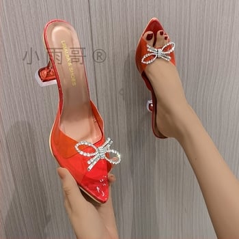 Γυναικείες παντόφλες με ψηλό τακούνι, φιόγκος και κρύσταλλα, PVC άνω μέρος, μυτερή μύτη, καουτσούκ σόλα, χωρίς επένδυση, μάρκα Brother Xiaoyu