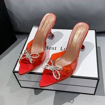 Γυναικείες παντόφλες με ψηλό τακούνι, φιόγκος και κρύσταλλα, PVC άνω μέρος, μυτερή μύτη, καουτσούκ σόλα, χωρίς επένδυση, μάρκα Brother Xiaoyu