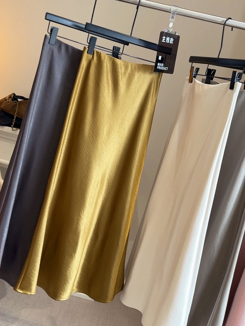 Φούστα γοργόνας από σατέν, μακριά, φθινόπωρο 2025, ιαπωνο-κορεάτικο casual leisure στυλ