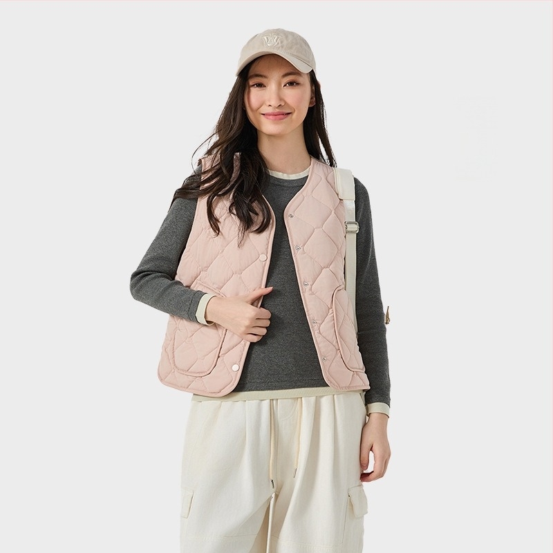 Νάιλον γιλέκο με γέμισμα πολυεστέρα – V-λαιμόκοψη, μονόκουμπωτο, μονόχρωμο, κανονικού μήκους