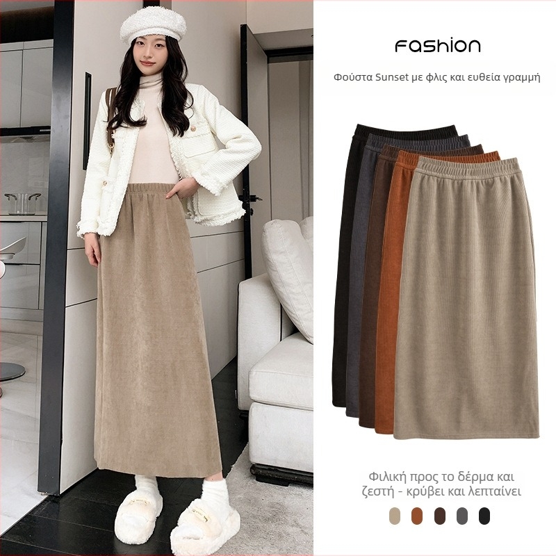 Lingqian φούστα corduroy, μεσαίου μήκους, μονόχρωμη, φθινοπωρινό-χειμερινό 2025