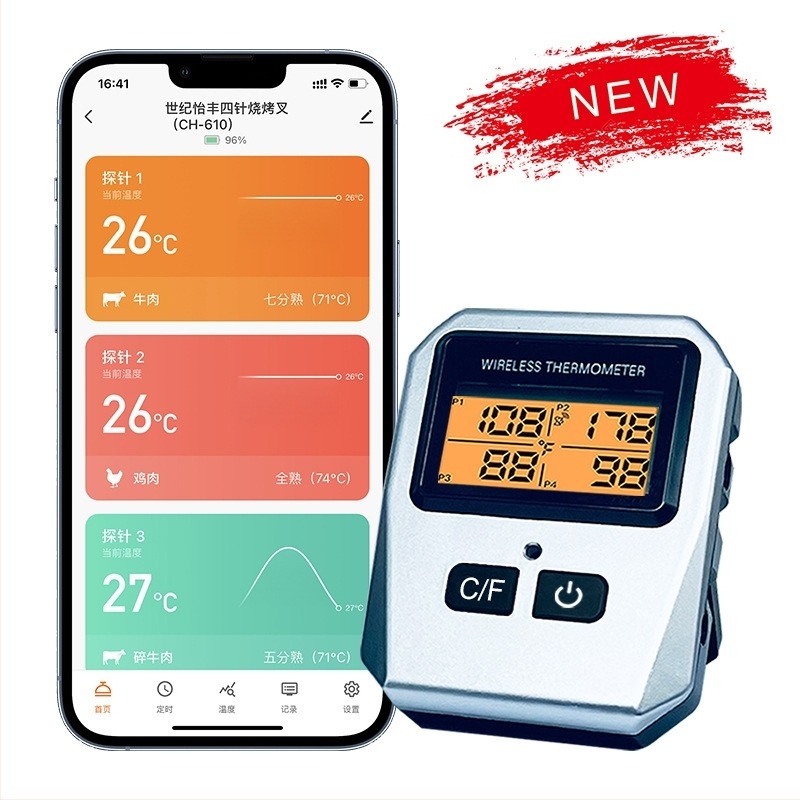 Ασύρματο θερμόμετρο μπάρμπεκιου με Bluetooth, τεσσάρων αισθητήρων, συμβατό με Tuya Smart, για κουζίνα & φούρνο, ανάλυση θερμοκρασίας 1°C/1°F