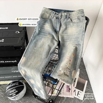 Ανδρικά τζιν loose-fit, στυλ Χονγκ Κονγκ, ίσια γραμμή, 72% βαμβάκι, φερμουάρ