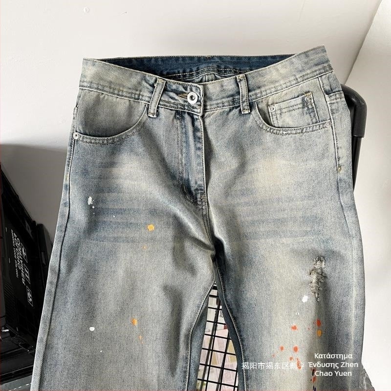 Ανδρικά τζιν loose-fit, στυλ Χονγκ Κονγκ, ίσια γραμμή, 72% βαμβάκι, φερμουάρ