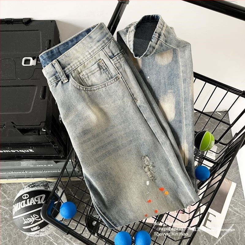 Ανδρικά τζιν loose-fit, στυλ Χονγκ Κονγκ, ίσια γραμμή, 72% βαμβάκι, φερμουάρ