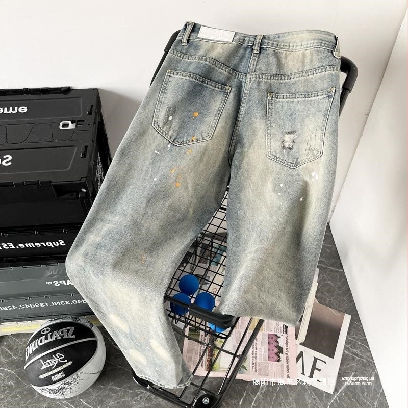 Ανδρικά τζιν loose-fit, στυλ Χονγκ Κονγκ, ίσια γραμμή, 72% βαμβάκι, φερμουάρ