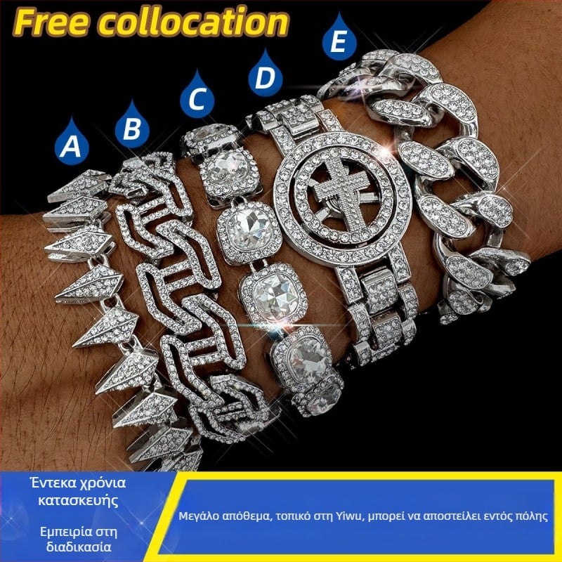 Σετ βραχιόλι Cuban με αλυσίδα από κράμα ψευδάργύρου και διαμάντια, ακονισμένος σχεδιασμός I-σχήματος, unisex hip-hop κοσμήματα