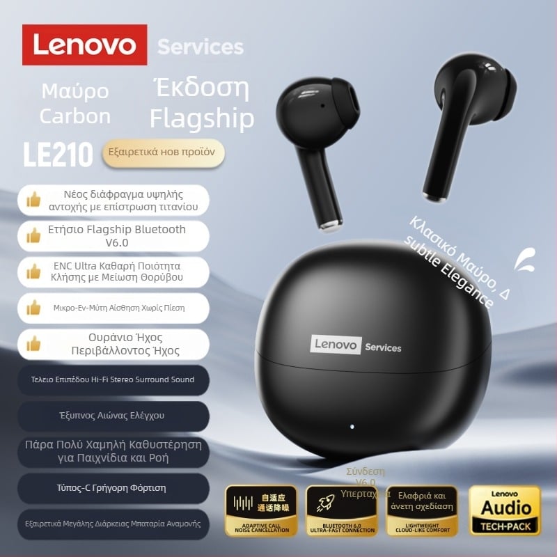 Lenovo Le210 Bluetooth In-Ear ακουστικά με άγκιστρο για το αυτί, στερεοφωνικός ήχος, Bluetooth 5.1, φωνητικός έλεγχος, αυτονομία 4–8 ωρών