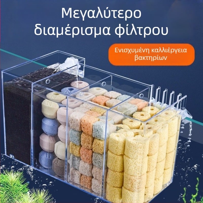 Εντοιχιζόμενο φίλτρο ενυδρείου, με τρία σε ένα σύστημα φιλτραρίσματος, οξυγόνωση και υποστήριξη ευεργετικών βακτηρίων, ήσυχη λειτουργία, βάρος 1 κιλό