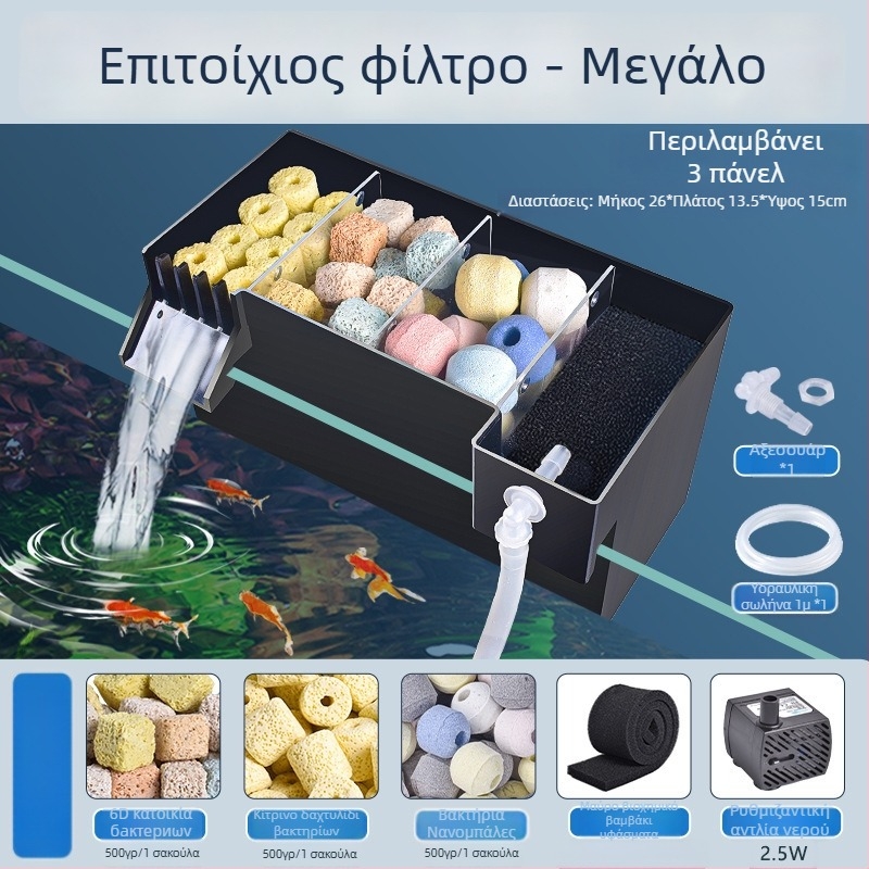 Εντοιχιζόμενο φίλτρο ενυδρείου, με τρία σε ένα σύστημα φιλτραρίσματος, οξυγόνωση και υποστήριξη ευεργετικών βακτηρίων, ήσυχη λειτουργία, βάρος 1 κιλό