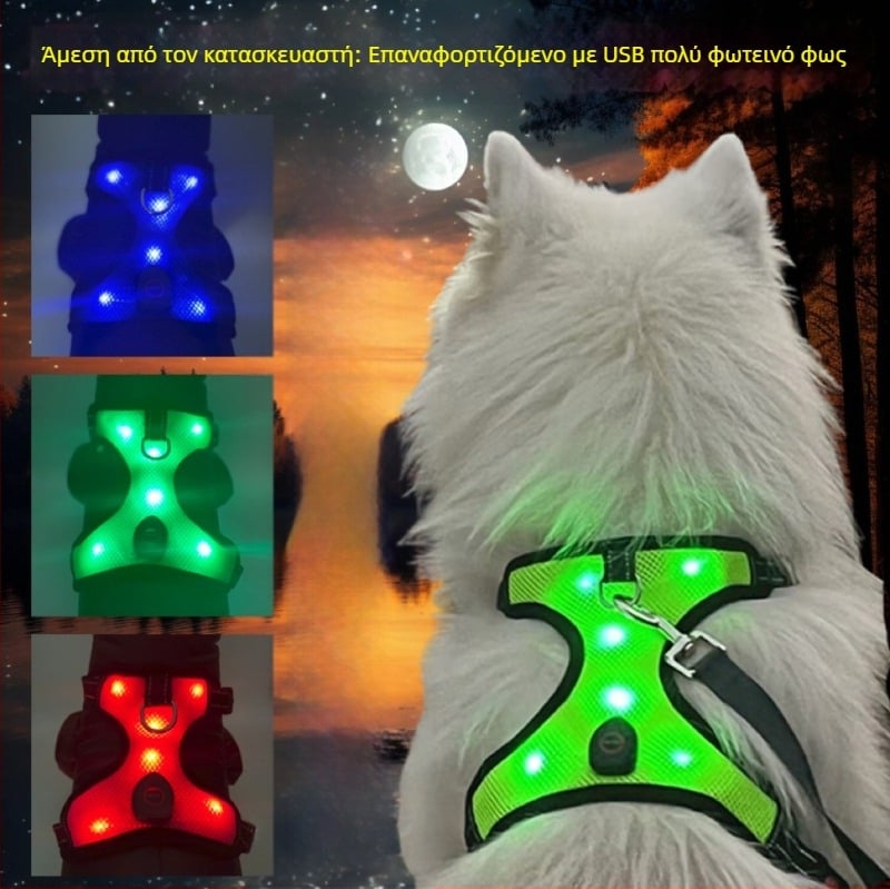 Ζώνη στήθους σκύλου – Δίκτυωτο ύφασμα, USB φόρτιση, LED φως νυχτερινής ορατότητας, αναδιπλούμενη