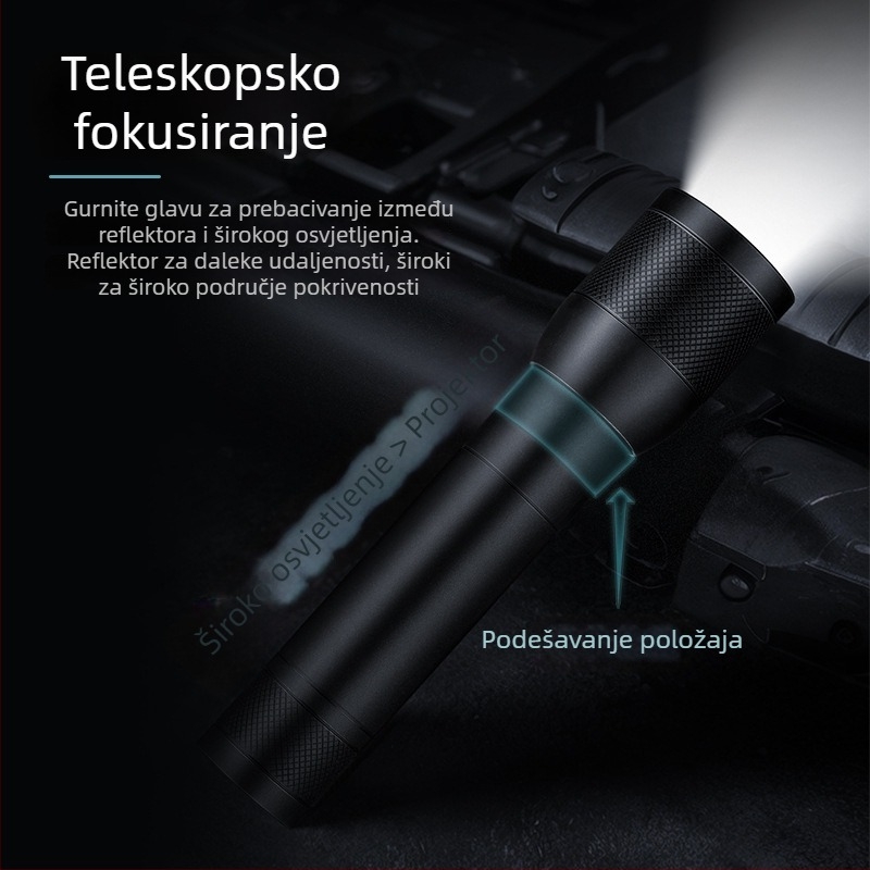 LED svjetiljka s teleskopskim zumom, Type-C punjenje, ugrađena baterija 18650 1200mAh, 10W, domet preko 500 m