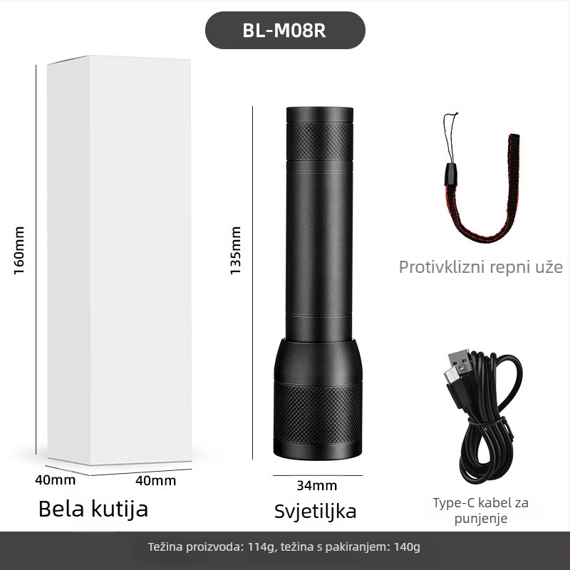 LED svjetiljka s teleskopskim zumom, Type-C punjenje, ugrađena baterija 18650 1200mAh, 10W, domet preko 500 m