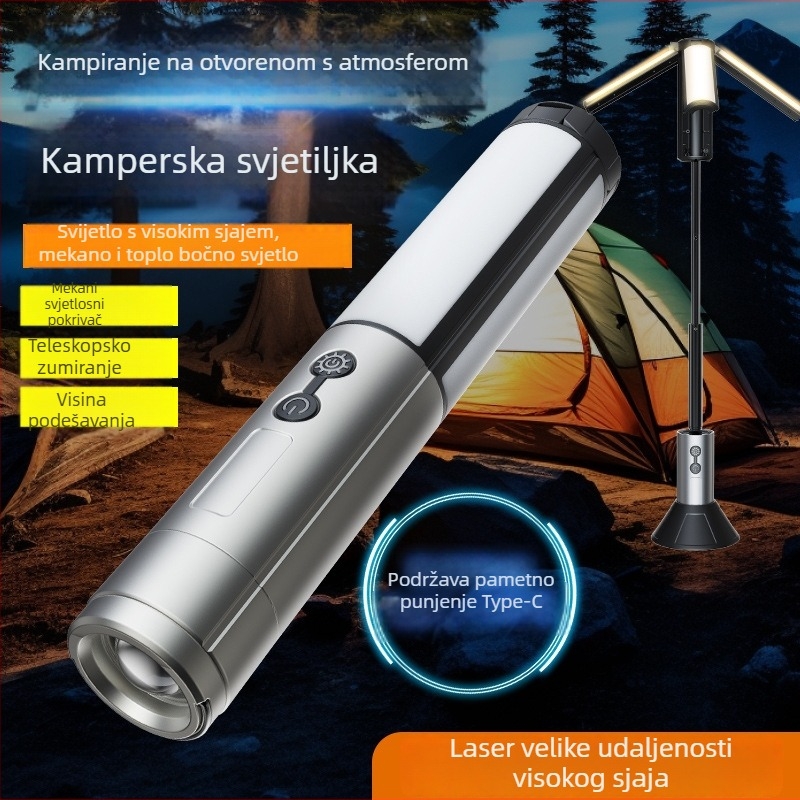 Vanjska višefunkcionalna LED svjetiljka za kampiranje, napajanje ručnim pokretanjem, 4000 mAh, 360° okret, domet 100–200 m