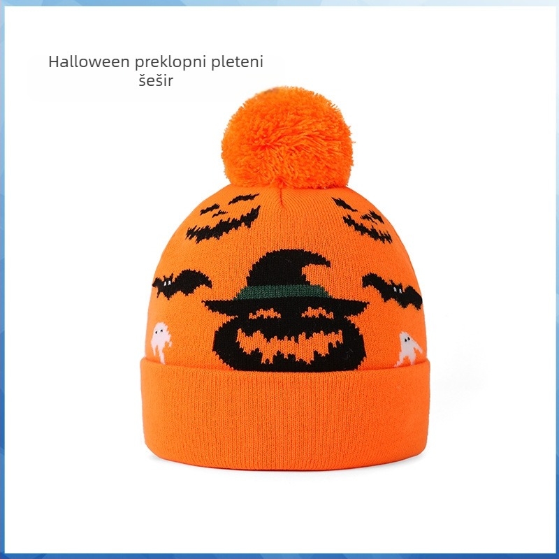 Dječja pulover kapa s jacquard uzorkom bundeve, topla mješavina pamuka-poliester, kupolasti vrh, jesen 2024