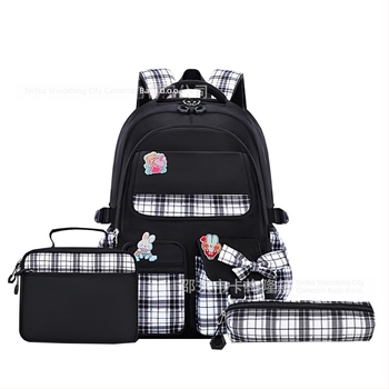 Ženska nylon školska torba s mašnicom — naramenice s zračnim jastučićima, lagana, prozračna, vodootporna, karirani uzorak