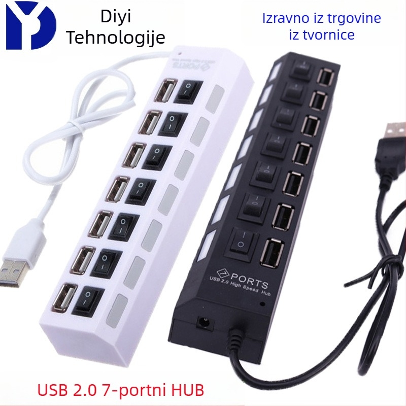 USB 2.0 7-portni hub za prijenos podataka i punjenje, napajan putem USB-a, mogućnost ispisa logotipa i prilagodbe