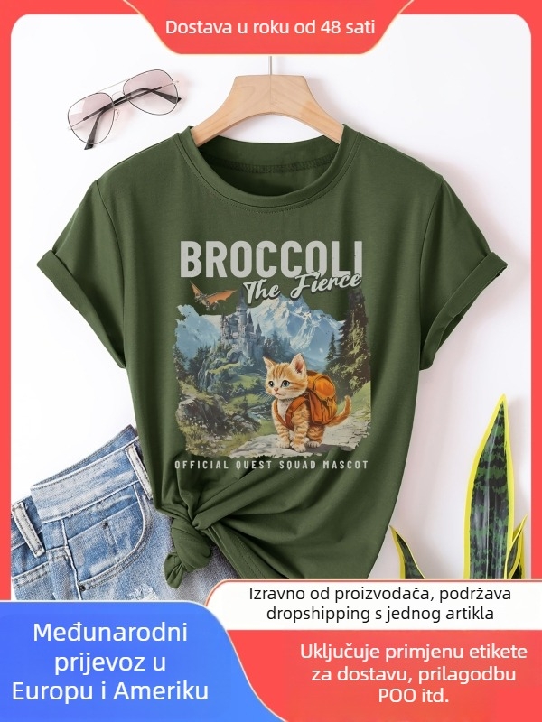 Ženska pamučna majica s grafikom brokolija, okrugli izrez, kratki rukavi, Mercerizirani materijal