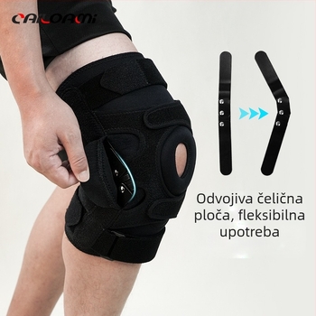 Zaštita koljena s podesivim šarnirskim nosačem, otvoreni dizajn, pločica u obliku polumjeseca, čelični nosač, hloroprenski kaučuk