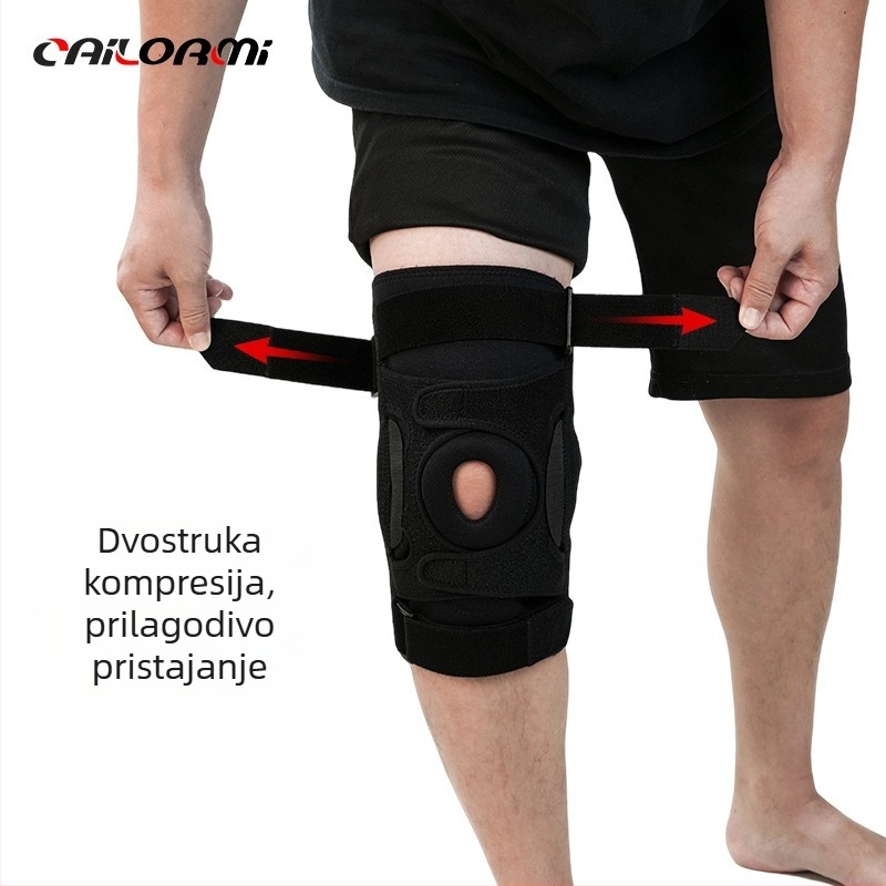 Zaštita koljena s podesivim šarnirskim nosačem, otvoreni dizajn, pločica u obliku polumjeseca, čelični nosač, hloroprenski kaučuk