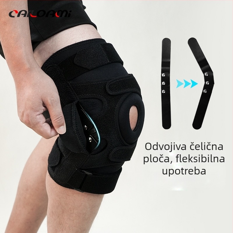 Zaštita koljena s podesivim šarnirskim nosačem, otvoreni dizajn, pločica u obliku polumjeseca, čelični nosač, hloroprenski kaučuk