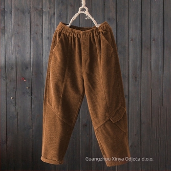 Ženske hlače od korduroja, široke krojeve, srednji struk, haremski stil, casual hlače