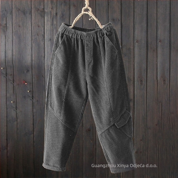 Ženske hlače od korduroja, široke krojeve, srednji struk, haremski stil, casual hlače