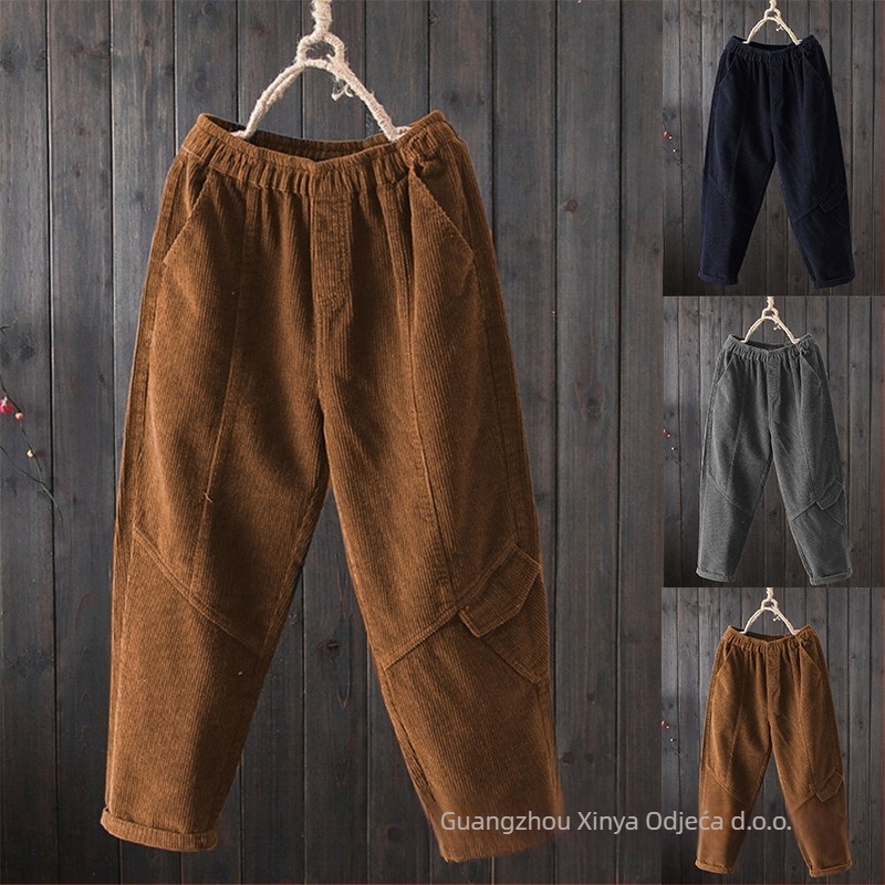 Ženske hlače od korduroja, široke krojeve, srednji struk, haremski stil, casual hlače