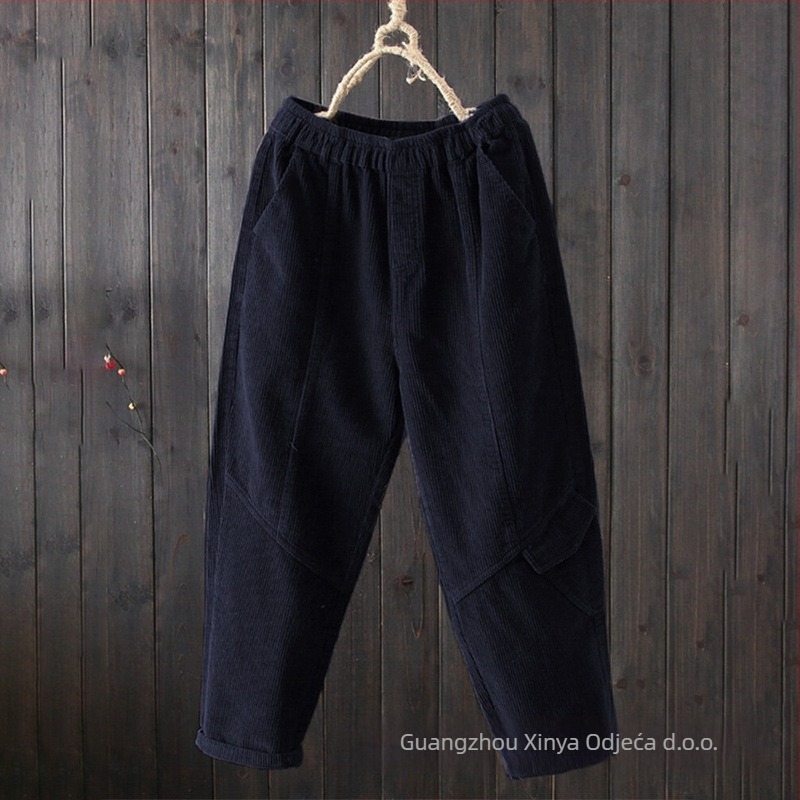 Ženske hlače od korduroja, široke krojeve, srednji struk, haremski stil, casual hlače