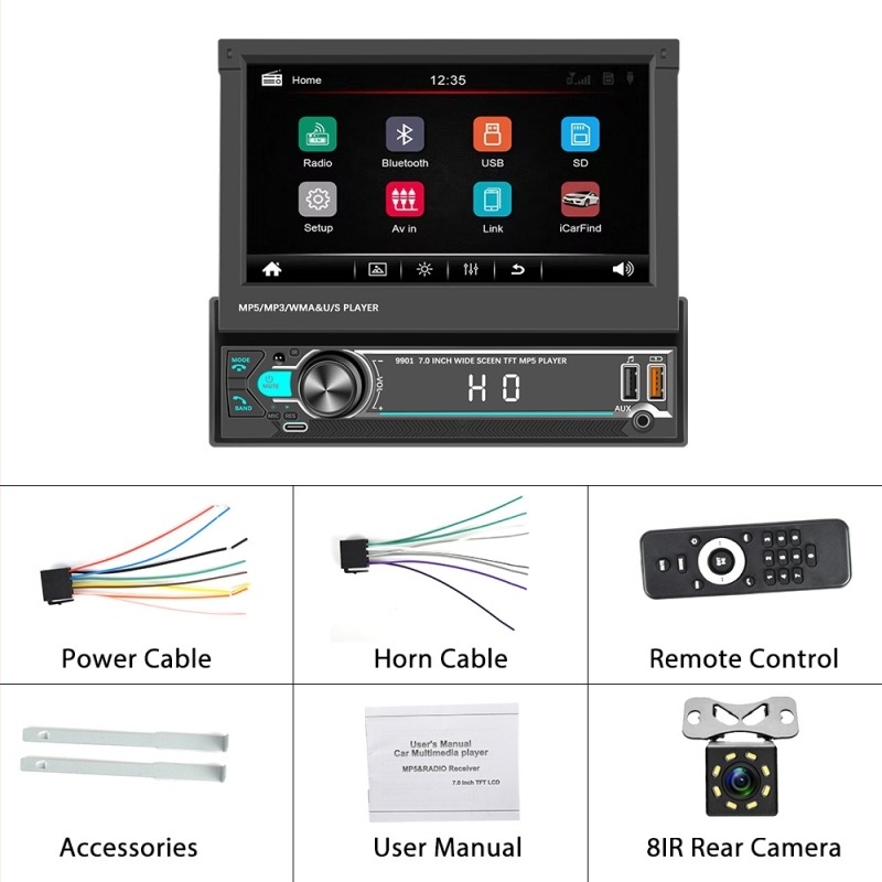 Auto MP5 player s Bluetoothom, LCD zaslon, model 9901, podržava RM/RMVB/AVI/MP4/MKV/3GP, napajanje 12–24 V DC, slika za vožnju unazad