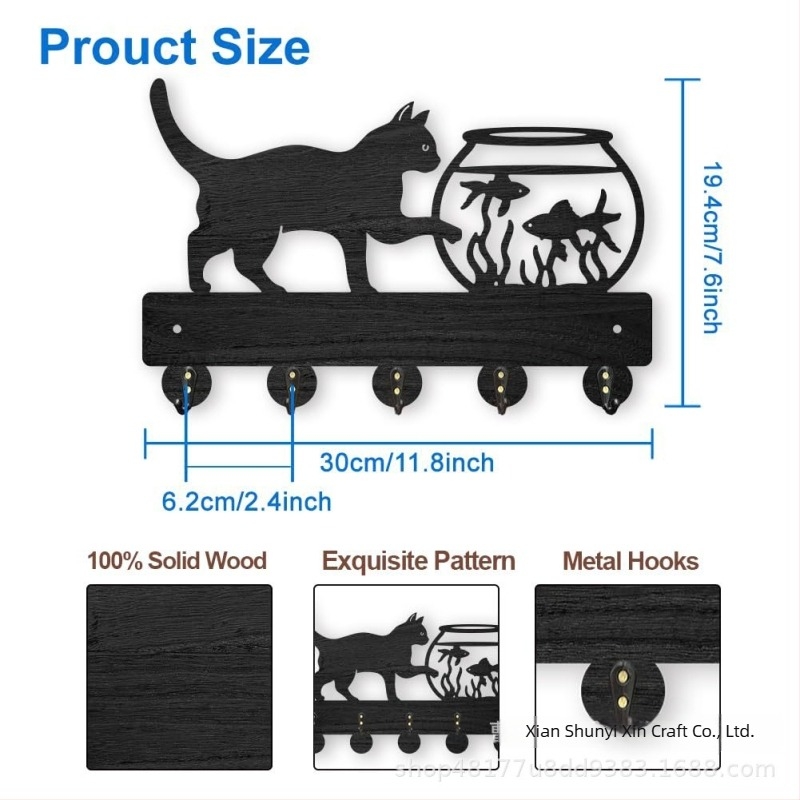Drveni zidni držač za ključeve s motivom mačke i akvarija, dekorativni vješak s 5 kukica, moderni minimalistički stil, nosivost 2 kg