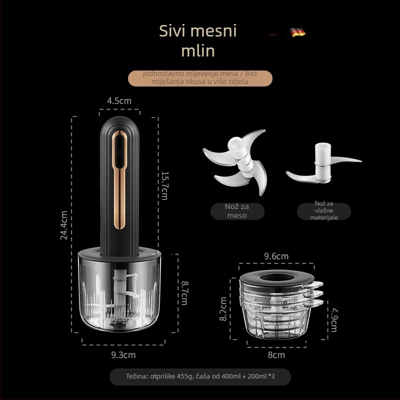Električni mini kuhinjski robot za pire od češnjaka i povrća, Kapacitet <1L, 3 brzine, ≤36V, 3 oštrice