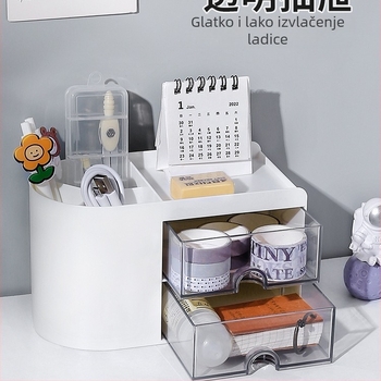 Stolna kutija za olovke s izvlačnim pretincem – uredski organizator, 18 L kapaciteta, drveni uzorak, japanski stil, plastika, s ručkom