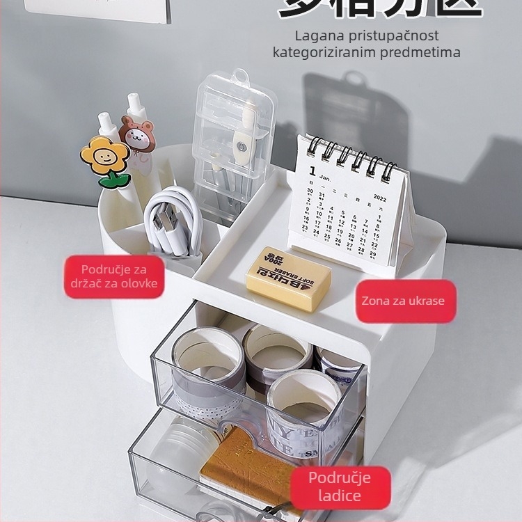 Stolna kutija za olovke s izvlačnim pretincem – uredski organizator, 18 L kapaciteta, drveni uzorak, japanski stil, plastika, s ručkom