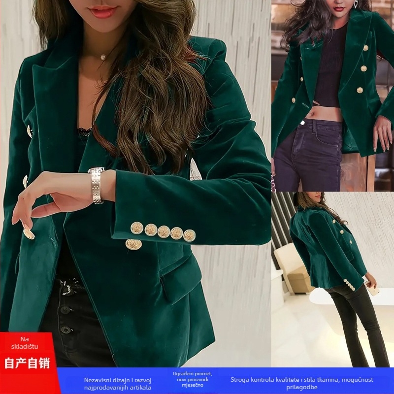 Slim-Fit blejzer s detaljima gumba, patchwork izrada, elegantan stil, ovratnik sakoa – poliester 95%+, zima 2025