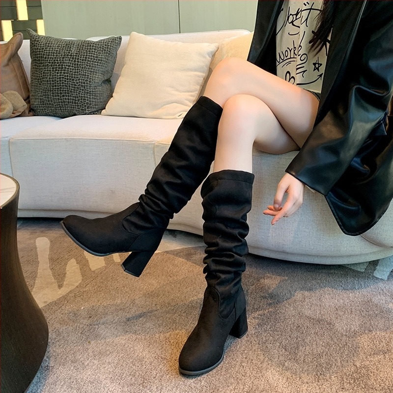 Ženske modne čizme s velurom, iznad koljena, debeli pet, okrugli vrh, stražnje vezanje
