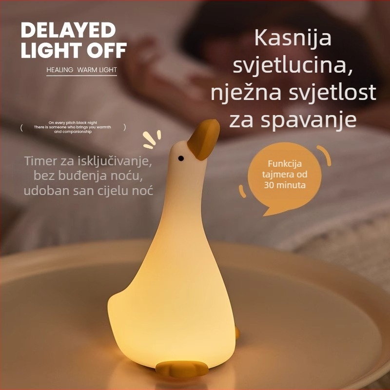 Silikonska noćna lampica u obliku patke, s ugrađenom baterijom, karikaturni stil, tajmer