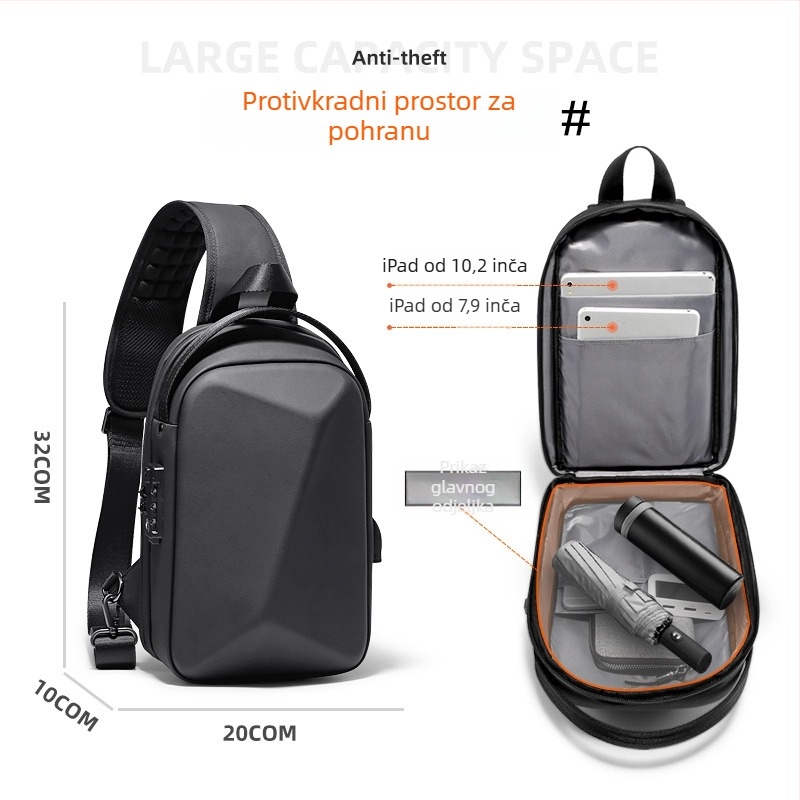 Muška torba za prsa, Oxford tkanina, protukrađa s zaključavanjem, unutarnji džepovi: džep na zip, džep za mobitel, džep za osobnu iskaznicu, džep za računalo, model F-5107