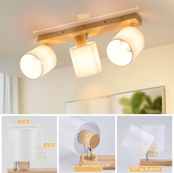 LED Stropna svjetiljka s E14 utičnicom, drveno tijelo i staklena nijansa, rotirajuća i sklopaiva, pogodno za dnevni boravak i blagovaonicu, pokrivenost 5–10 m², napon ≤36V