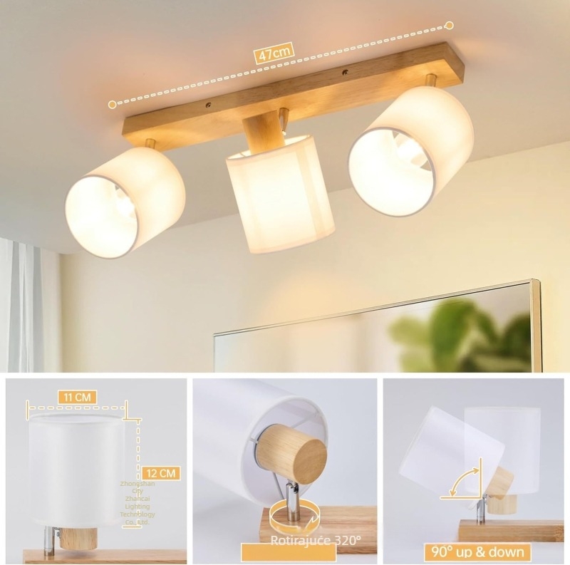 LED Stropna svjetiljka s E14 utičnicom, drveno tijelo i staklena nijansa, rotirajuća i sklopaiva, pogodno za dnevni boravak i blagovaonicu, pokrivenost 5–10 m², napon ≤36V