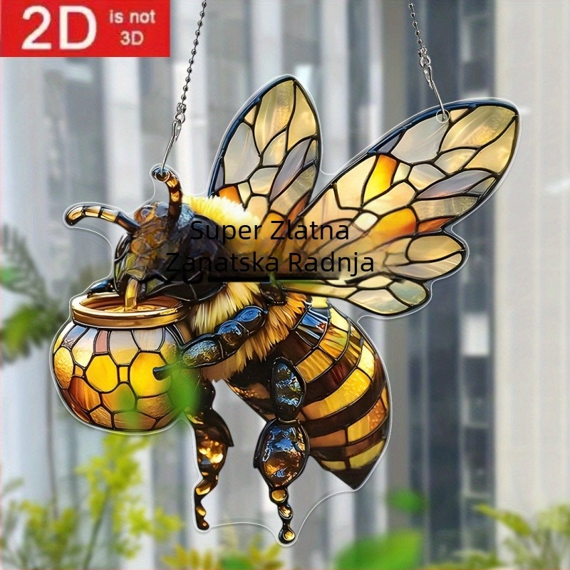 Akrilni svjetlosni hvatač s motivom pčele, crtani stil, visići dekor za auto, izdanje Zima 2024