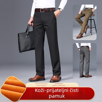 Muške hlače od pamuka s flis podstavom, ravni kroj, srednji pojas, zatvarač, poslovni casual stil