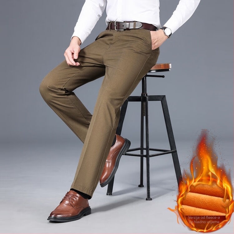Muške hlače od pamuka s flis podstavom, ravni kroj, srednji pojas, zatvarač, poslovni casual stil