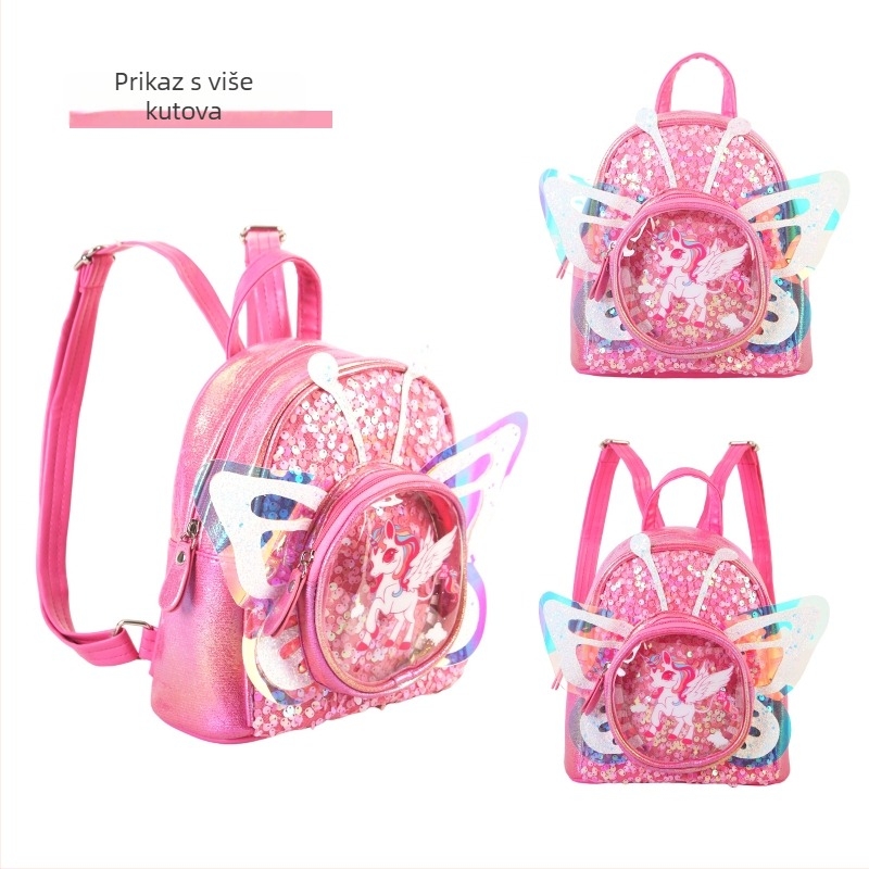 Ruksak s jednorogom i šljokicama - PU materijal, anime crtani motiv, slika leptira jednorog, proljeće 2025, za predškolsku djecu