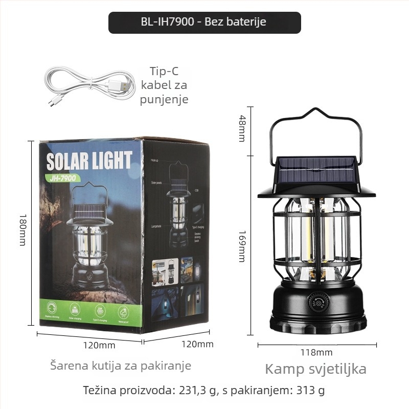 Solarna LED kamp lampica, vodootporna vanjska rasvjeta za vrt i balkon, 5V 5W, 1200mAh, 60 LED